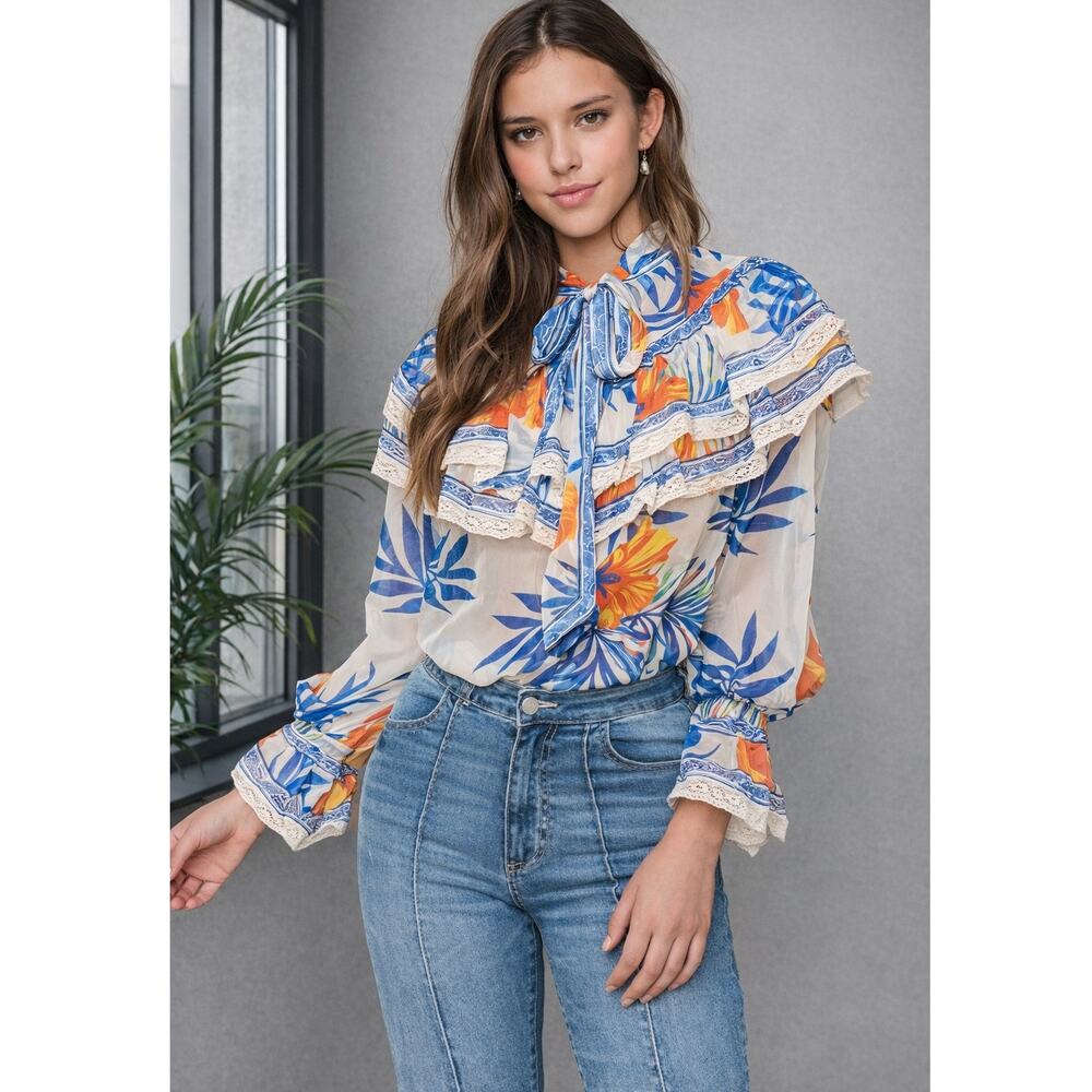 Champagne & Strawberry Blouse Top S Blue Tropical Feminine Peasant Boho Anthro